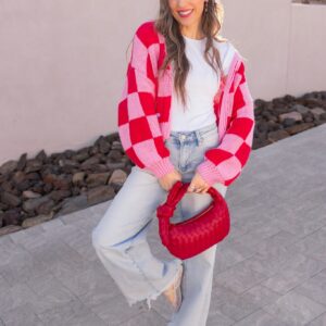 Red & Pink Checkered Knit Cardigan