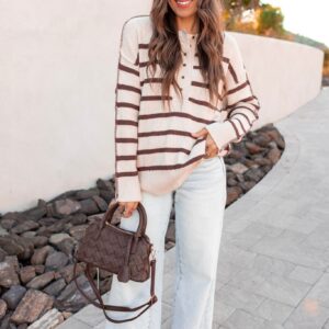 Espresso Striped Ribbed Henley Slouchy Sweater