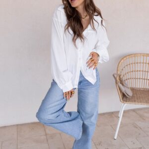 White Textured Lantern Sleeve Button Down Shirt