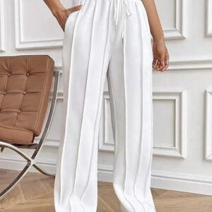 White Drawstring Pocketed Relaxed Fit Wide-Leg Pants