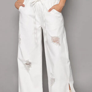 White Cropped Drawstring Pocketed Wide-Leg Pants