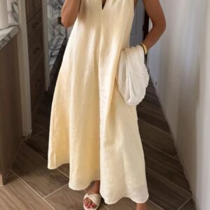 Linen Halter V-Neck Midi Dress
