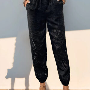 Black Lace Cropped Elastic Waist Pants