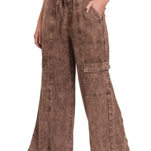 Brown Linen Drawstring Pocketed Cargo Pants