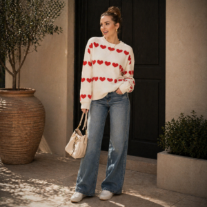 Beige Red Heart Knit Sweater