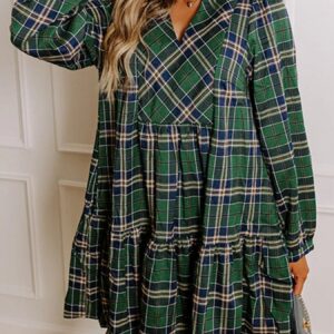 Plaid Frill Collar Long Sleeve Shift Mini Dress