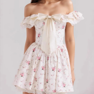 Off-Shoulder Floral Lace Trim Mini Dress