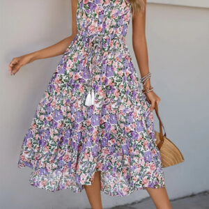Button Detail Printed Sleeveless Tiered Midi Dress