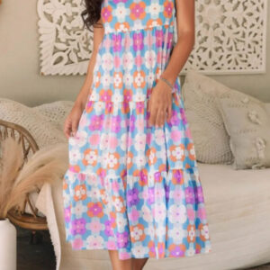 Floral Print Sleeveless Tiered Midi Dress